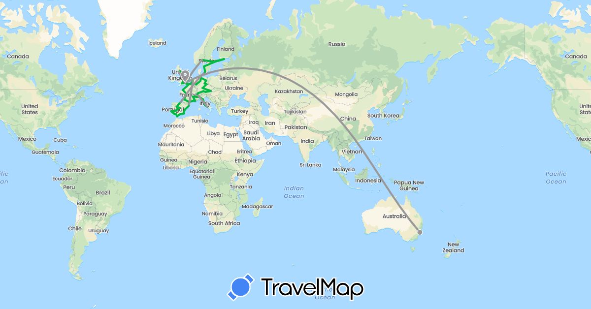 TravelMap itinerary: driving, bus, plane in Austria, Australia, Belgium, Switzerland, Germany, Denmark, Spain, Finland, France, United Kingdom, Gibraltar, Italy, Netherlands, Norway, Portugal, Sweden (Europe, Oceania)