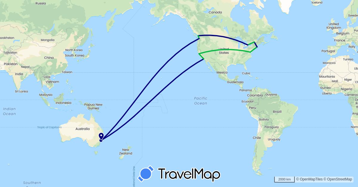 TravelMap itinerary: driving, bus in Australia, Canada, United States (North America, Oceania)